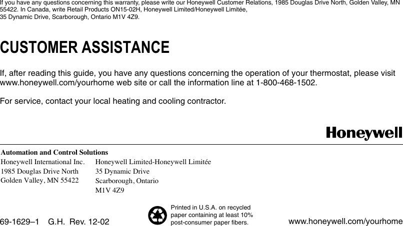 Page 8 of 8 - Honeywell Honeywell-T8524-Users-Manual- 69-1629 - Electronic Heat-Pump Thermostat T8501, T8511, T8524  Honeywell-t8524-users-manual