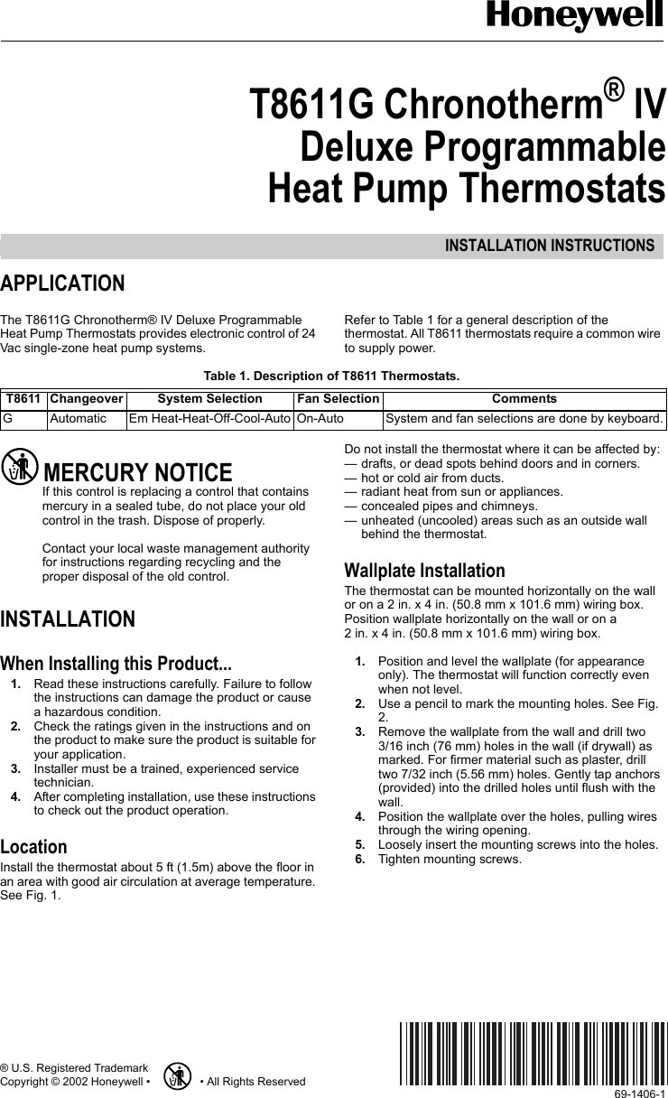 Page 1 of 12 - Honeywell Honeywell-T8611G-Installation-Manual- 69-1406 - T8611G Chronotherm® IV Deluxe Programmable Heat Pump Thermostat  Honeywell-t8611g-installation-manual