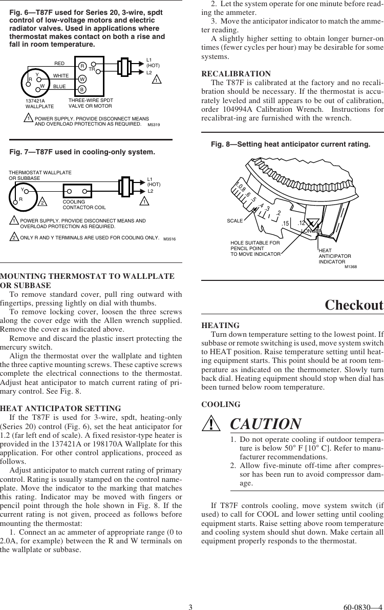 Honeywell T87F Installation Manual 60 0830 Universal Thermostat