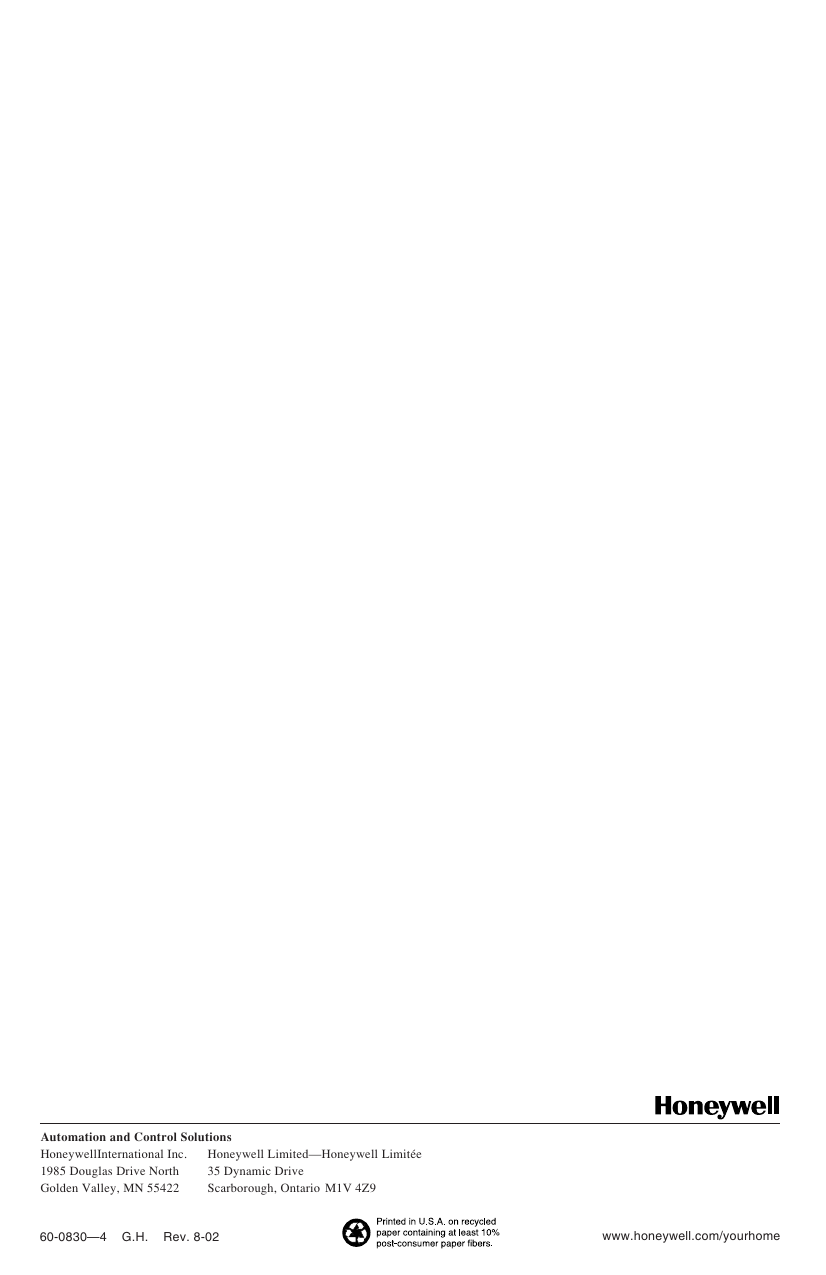 Page 4 of 4 - Honeywell Honeywell-T87F-Installation-Manual- 60-0830 - T87F Universal Thermostat  Honeywell-t87f-installation-manual