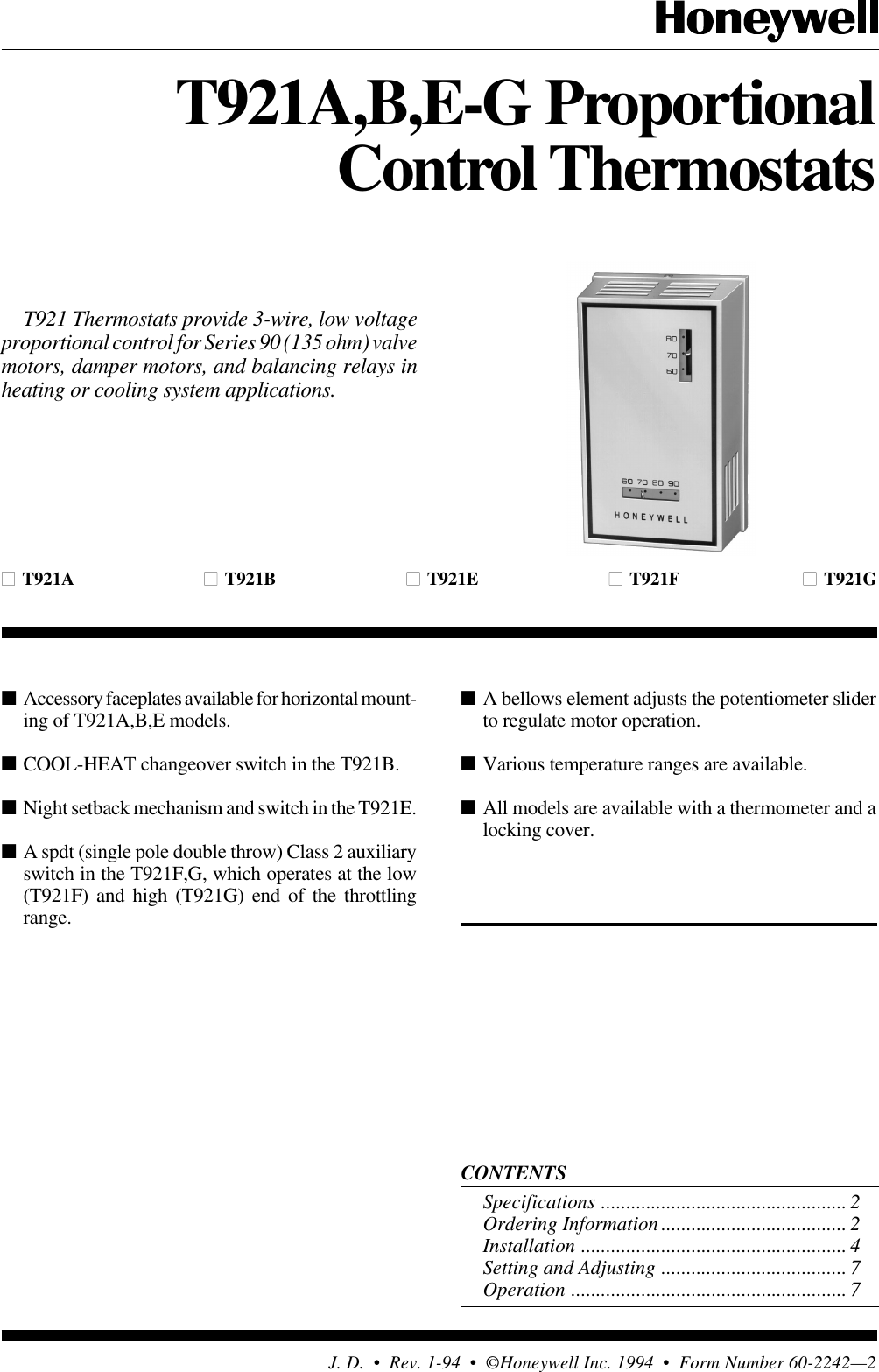 Page 1 of 8 - Honeywell Honeywell-T921A-Users-Manual- 60-2242 - T921A,B,E-G Proportional Control Thermostats Honeywell-t921a-users-manual