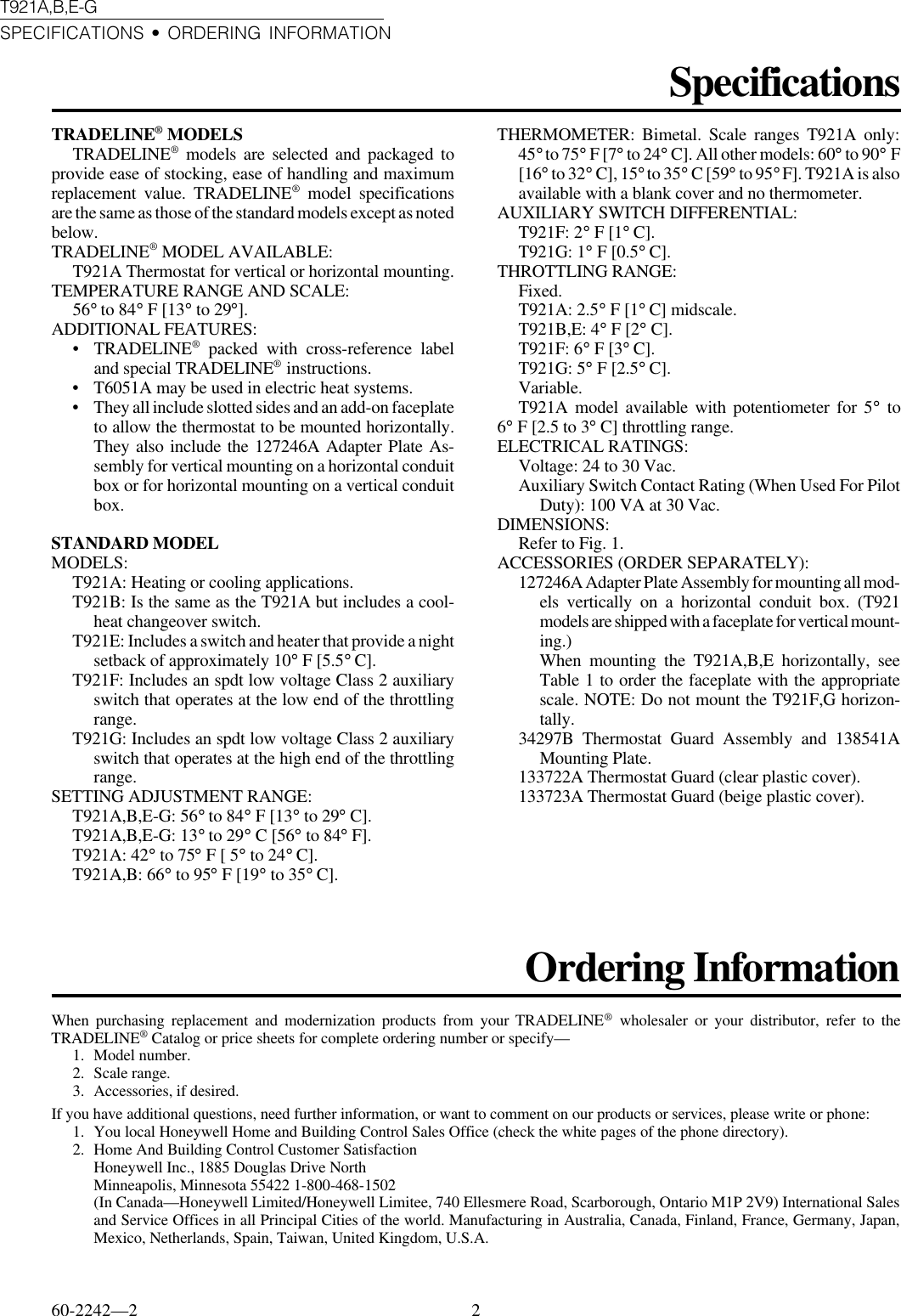 Page 2 of 8 - Honeywell Honeywell-T921A-Users-Manual- 60-2242 - T921A,B,E-G Proportional Control Thermostats Honeywell-t921a-users-manual