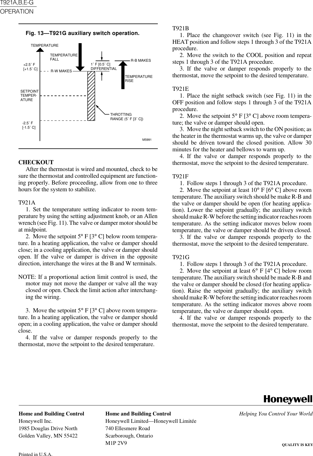 Page 8 of 8 - Honeywell Honeywell-T921A-Users-Manual- 60-2242 - T921A,B,E-G Proportional Control Thermostats Honeywell-t921a-users-manual