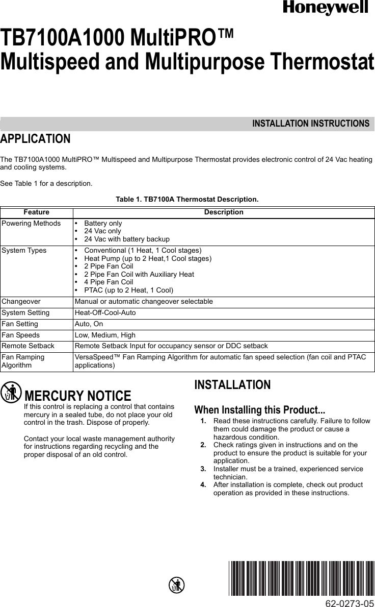 Honeywell Tb7100A1000 Users Manual 62 0273-05 MultiPRO??? Multispeed 