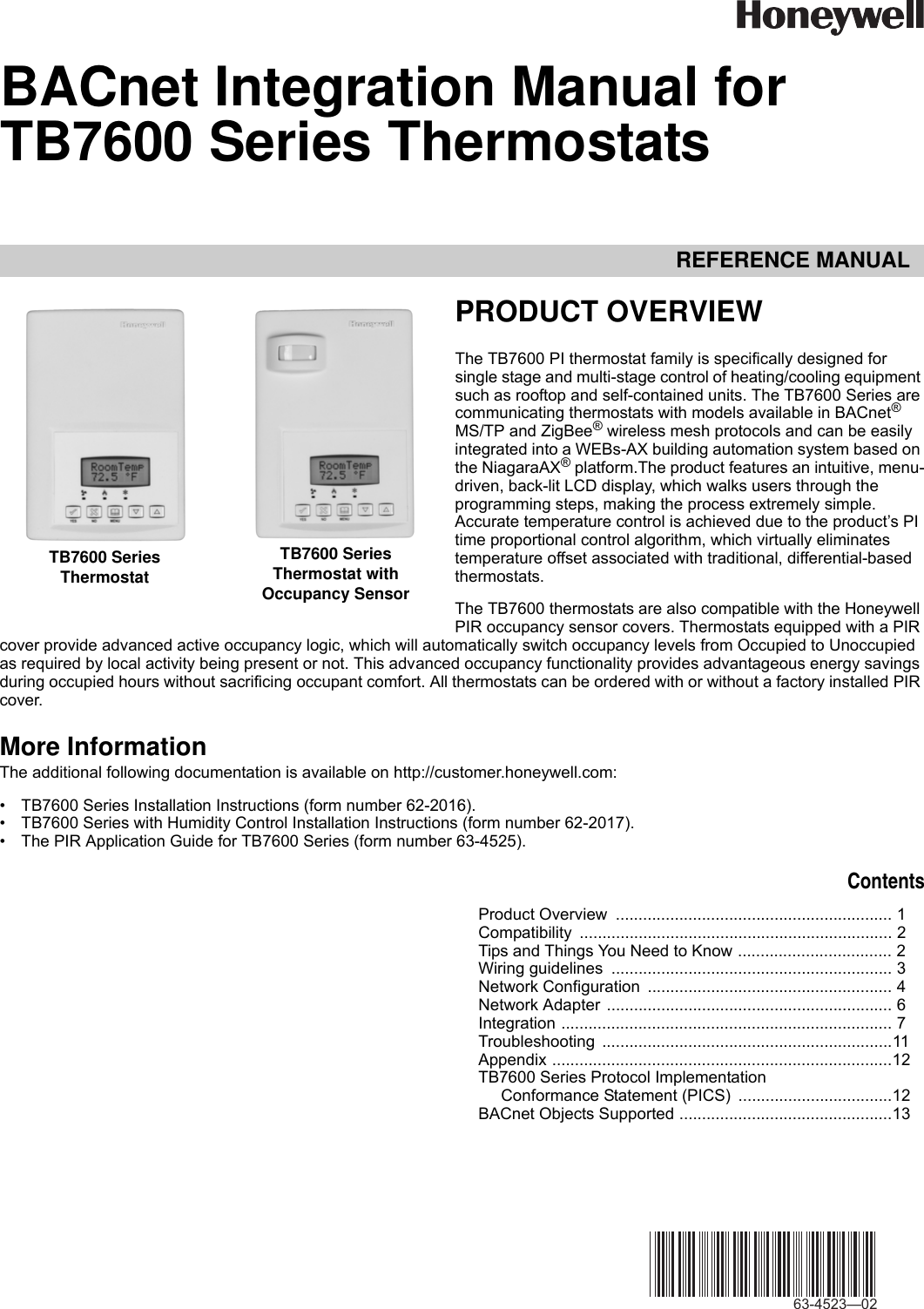 Honeywell Tb7600 Users Manual 63 4523—02 BACnet Integration For Series ...