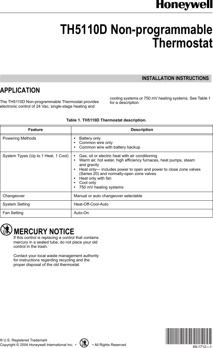 Page 1 of 12 - Honeywell Honeywell-Th5110D-Instruction-Manual- 69-1712  Honeywell-th5110d-instruction-manual