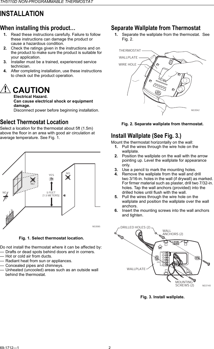Page 2 of 12 - Honeywell Honeywell-Th5110D-Instruction-Manual- 69-1712  Honeywell-th5110d-instruction-manual
