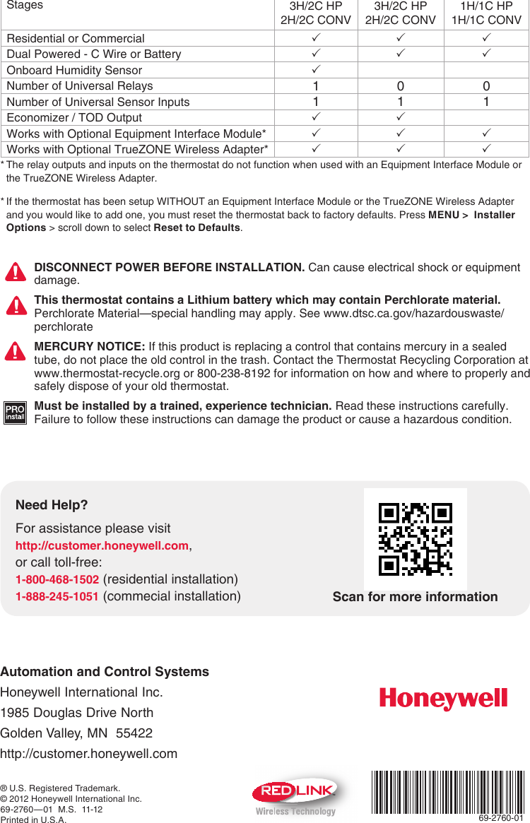 Page 12 of 12 - Honeywell Honeywell-Th8320R-Installation-Guide- 69-2760-01 - VisionPRO® Series With RedLINK™  Honeywell-th8320r-installation-guide