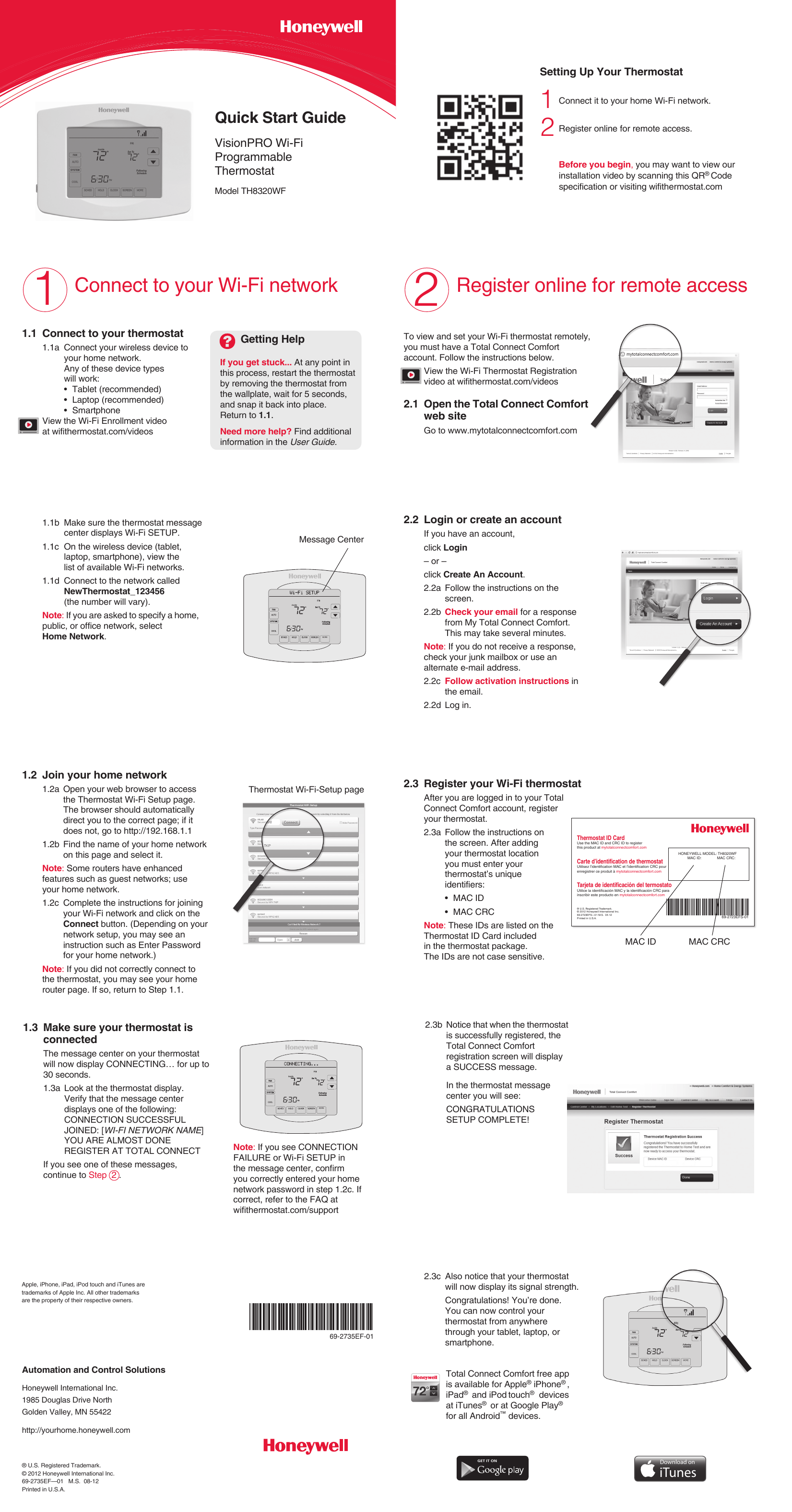 Honeywell Th8320wf Quick Start Manual 69 2735ef 01 Visionpro Wi Fi