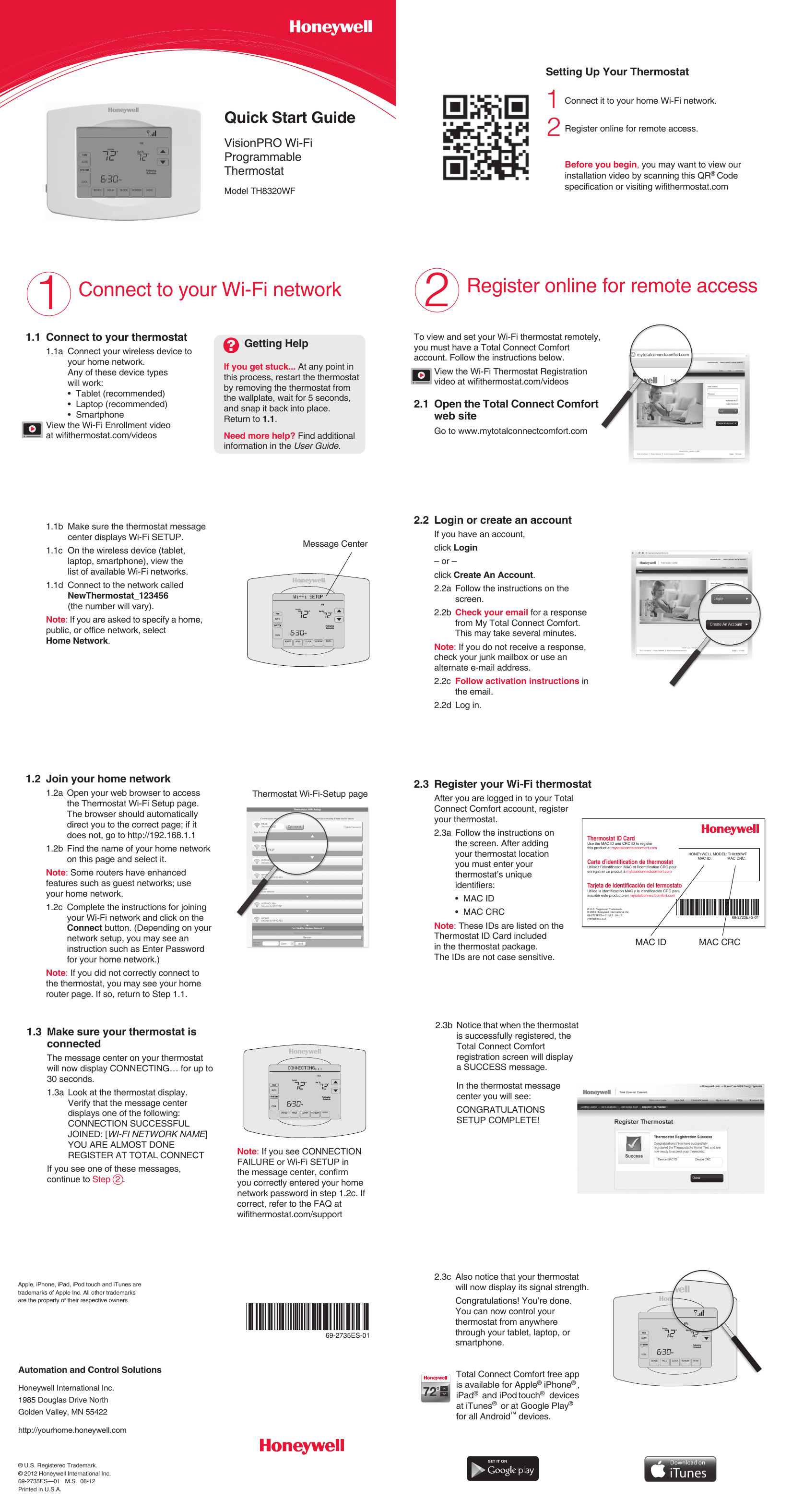 Page 1 of 2 - Honeywell Honeywell-Th8320Wf-Quick-Start-Manual- 69-2735ES-01 - VisionPRO Wi-Fi Programmable Thermostat  Honeywell-th8320wf-quick-start-manual
