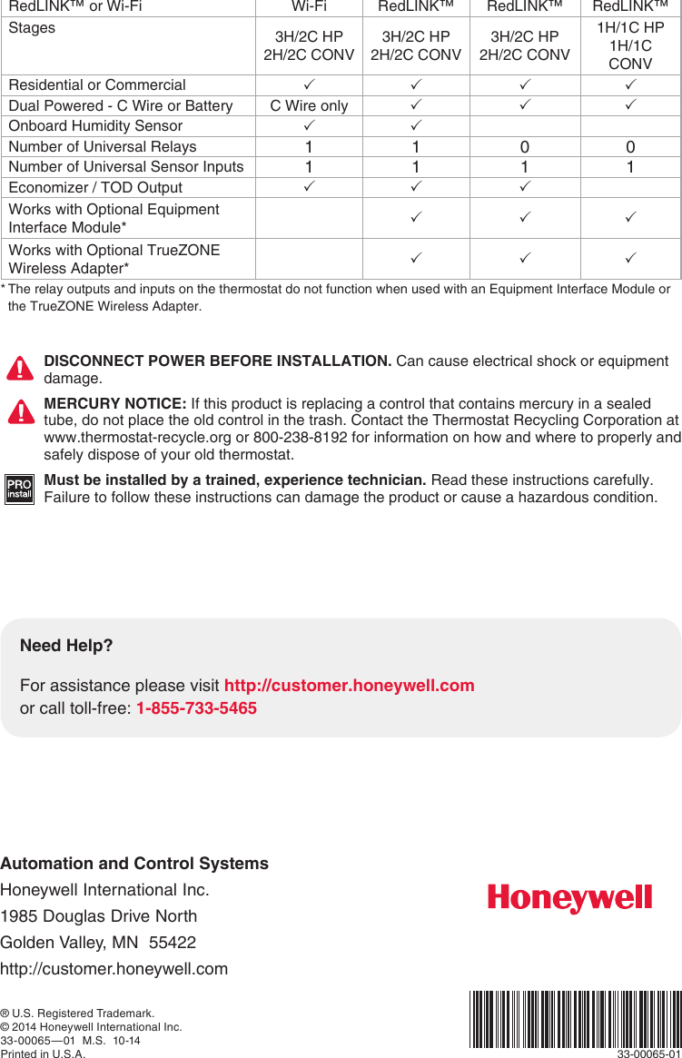 Honeywell Th8321Wf1001 Installation Guide 33 00065 01 Wi Fi VisionPRO® 8000