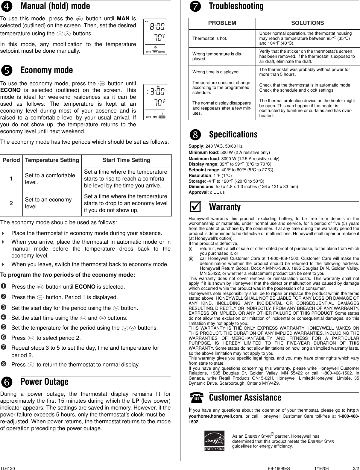 Page 2 of 4 - Honeywell Honeywell-Tl6120-Owner-S-Manual 69-1908ES TL6120 5-2 Programmable Thermostat