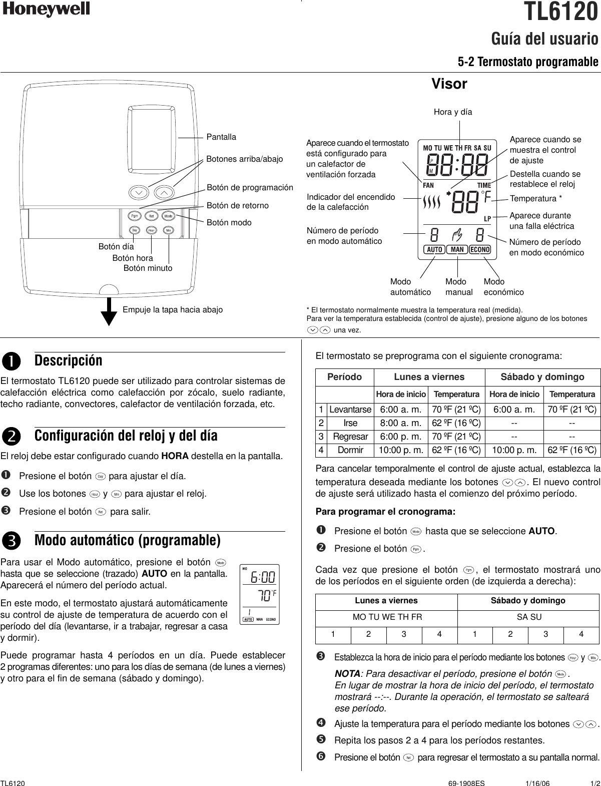 Page 3 of 4 - Honeywell Honeywell-Tl6120-Owner-S-Manual 69-1908ES TL6120 5-2 Programmable Thermostat