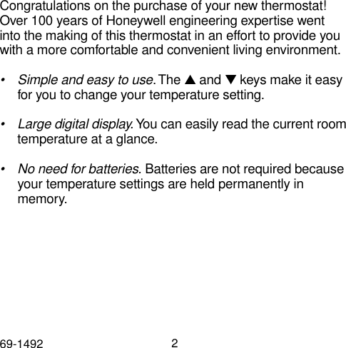 Page 2 of 8 - Honeywell Honeywell-Tradeline-Electronic-Thermostat-Users-Manual- 69-1492  Honeywell-tradeline-electronic-thermostat-users-manual