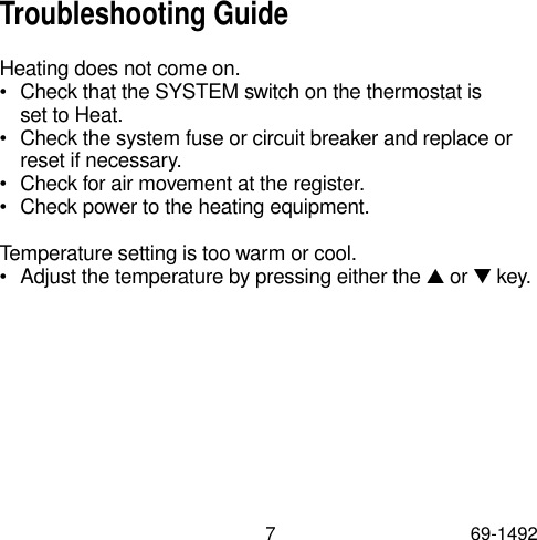Page 7 of 8 - Honeywell Honeywell-Tradeline-Electronic-Thermostat-Users-Manual- 69-1492  Honeywell-tradeline-electronic-thermostat-users-manual