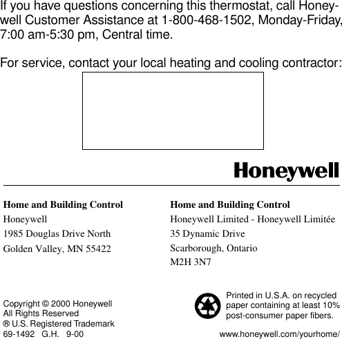 Page 8 of 8 - Honeywell Honeywell-Tradeline-Electronic-Thermostat-Users-Manual- 69-1492  Honeywell-tradeline-electronic-thermostat-users-manual