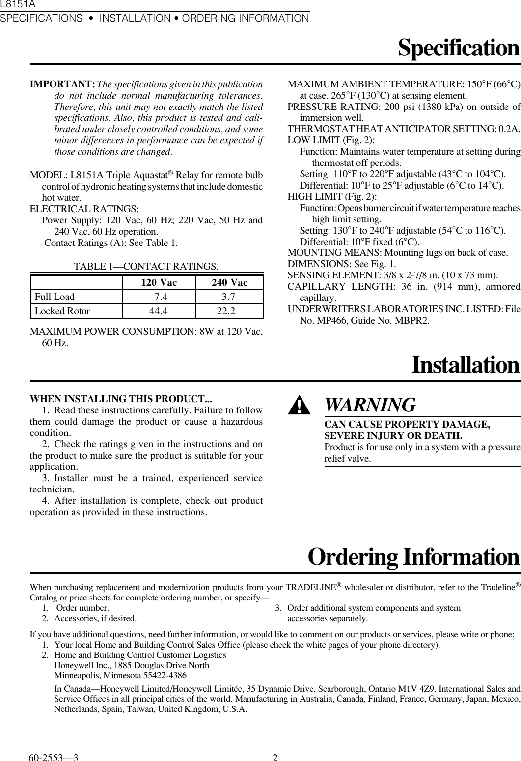 Page 2 of 6 - Honeywell Honeywell-Tripleaquastat-L8151A-Users-Manual- 60-2553 - L8151A Triple Aquastat Relay  Honeywell-tripleaquastat-l8151a-users-manual