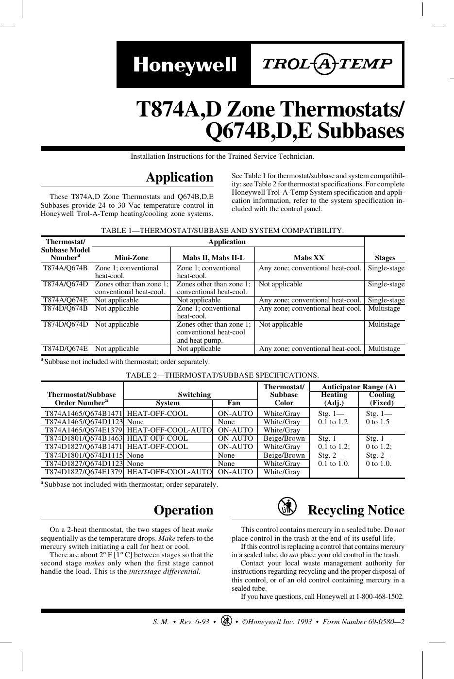 Page 1 of 10 - Honeywell Honeywell-Trol-A-Temp-Q674B-Users-Manual- 69-0580 - T874A,D Zone Thermostats/Q674B,D,E Subbases  Honeywell-trol-a-temp-q674b-users-manual