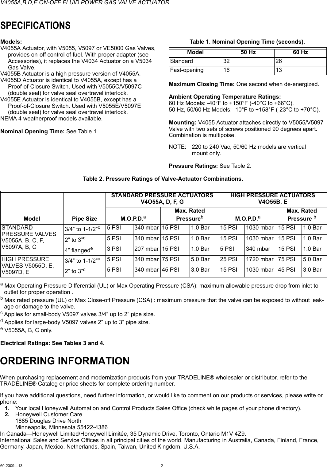 Page 2 of 8 - Honeywell Honeywell-V4055-Users-Manual- 60-2309—12 - V4055A,B,D,E On-Off Fluid Power Gas Valve Actuator  Honeywell-v4055-users-manual