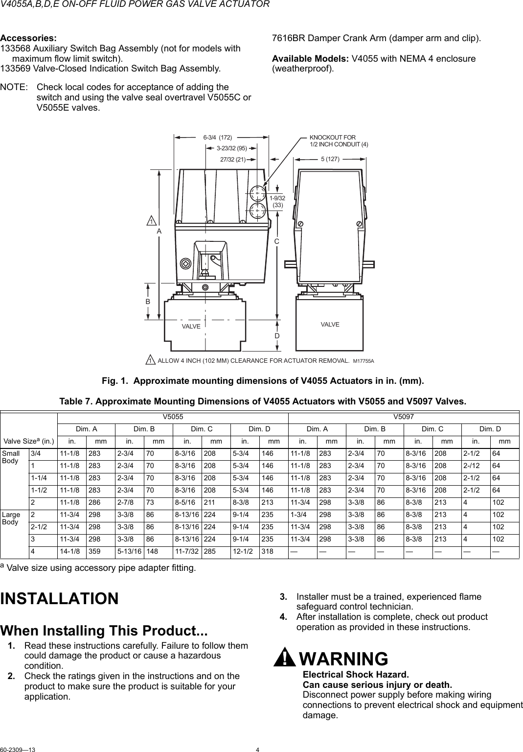 Page 4 of 8 - Honeywell Honeywell-V4055-Users-Manual- 60-2309—12 - V4055A,B,D,E On-Off Fluid Power Gas Valve Actuator  Honeywell-v4055-users-manual