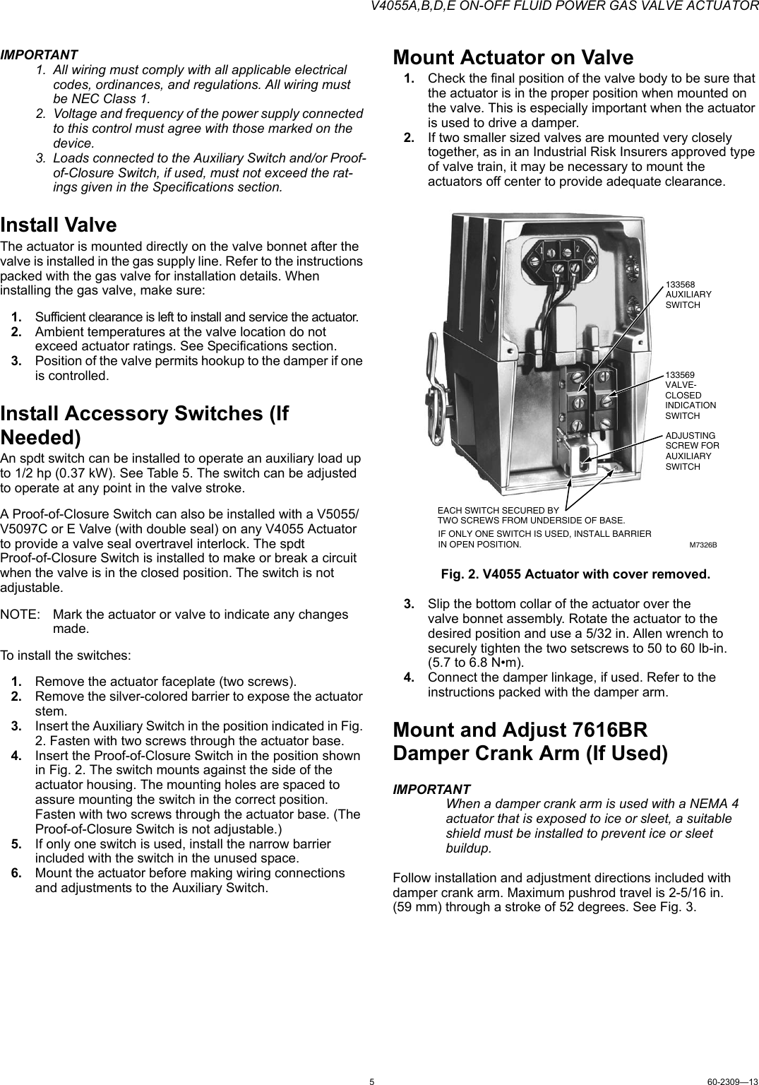 Page 5 of 8 - Honeywell Honeywell-V4055-Users-Manual- 60-2309—12 - V4055A,B,D,E On-Off Fluid Power Gas Valve Actuator  Honeywell-v4055-users-manual