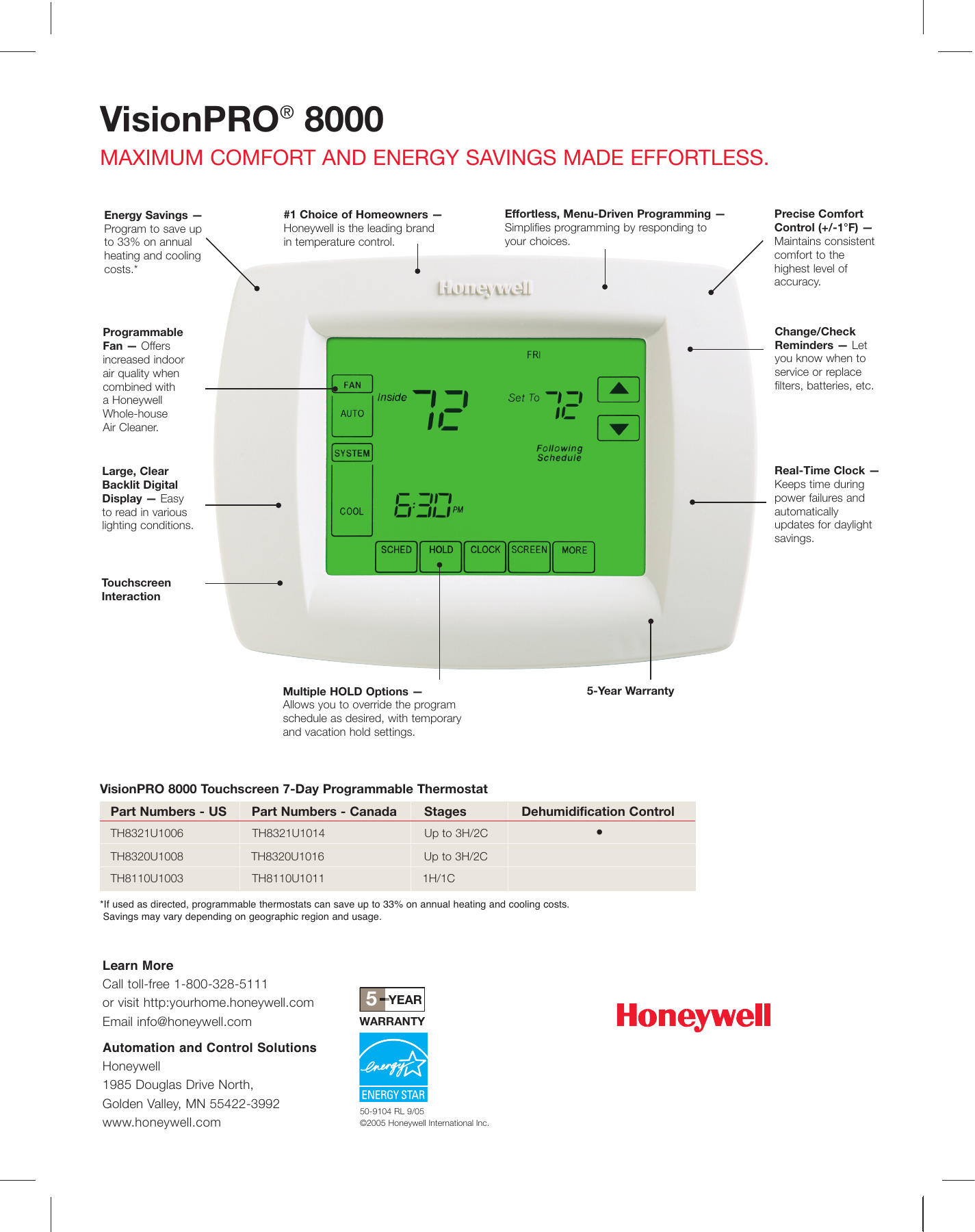Page 2 of 2 - Honeywell Honeywell-Visionpro-8000-Users-Manual- 50-9104 - VisionPRO 8000 Touchscreen 7-Day Programmable Thermostat  Honeywell-visionpro-8000-users-manual