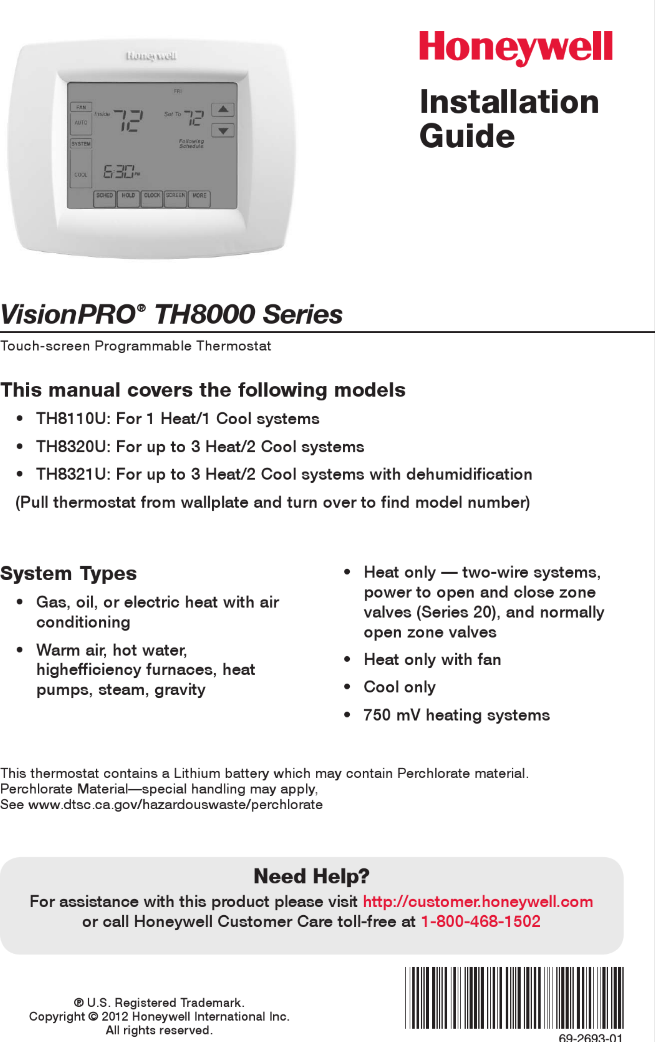 Honeywell Visionpro Th8000 Series Installation Manual 1003127 User