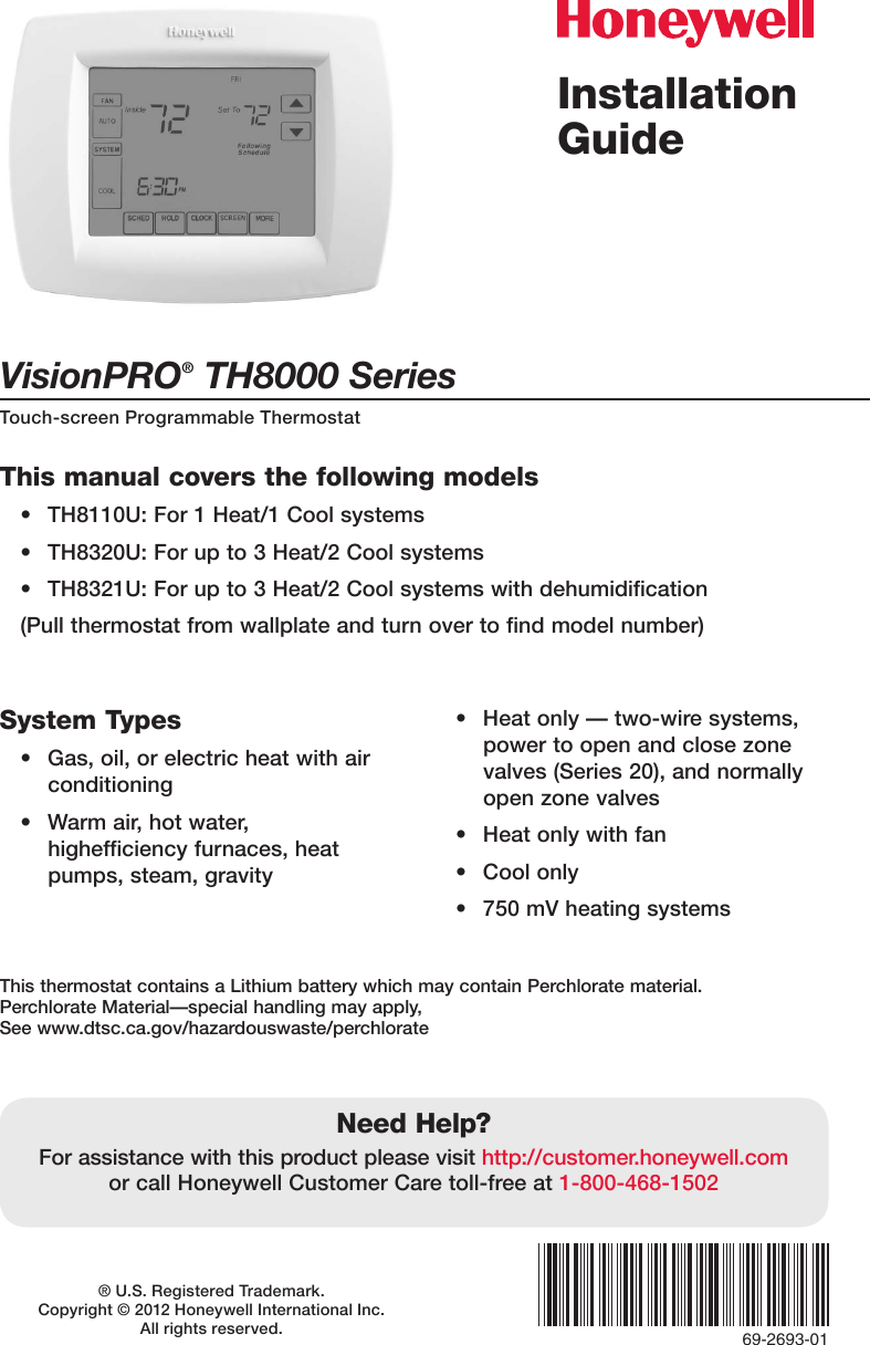 Page 1 of 12 - Honeywell Honeywell-Visionpro-Th8000-Series-Installation-Manual- 69-2693-01 - VisionPRO® TH8000 Series  Honeywell-visionpro-th8000-series-installation-manual