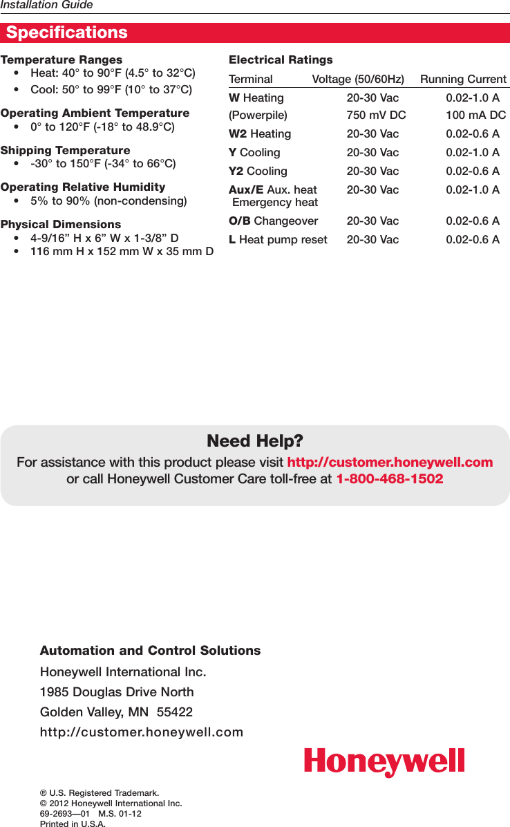 Page 12 of 12 - Honeywell Honeywell-Visionpro-Th8000-Series-Installation-Manual- 69-2693-01 - VisionPRO® TH8000 Series  Honeywell-visionpro-th8000-series-installation-manual