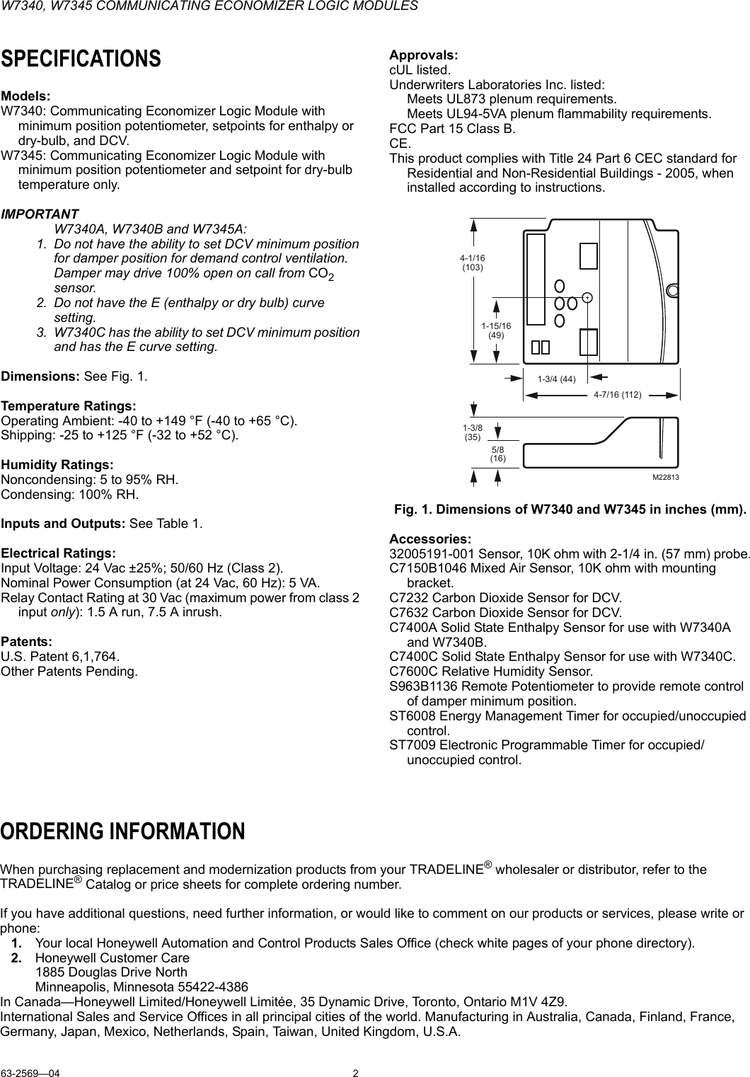 Page 2 of 12 - Honeywell Honeywell-W7340-Users-Manual- 63-2569-4 - W7340, W7345 Communicating Economizer Logic Modules  Honeywell-w7340-users-manual