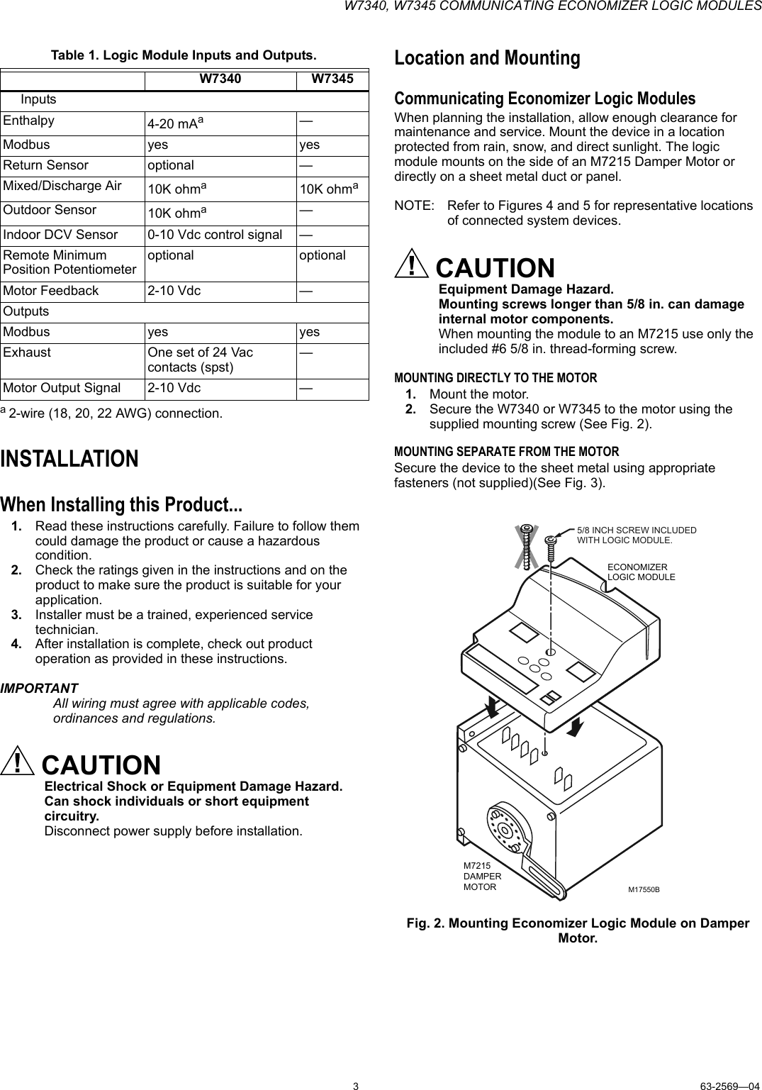 Page 3 of 12 - Honeywell Honeywell-W7340-Users-Manual- 63-2569-4 - W7340, W7345 Communicating Economizer Logic Modules  Honeywell-w7340-users-manual
