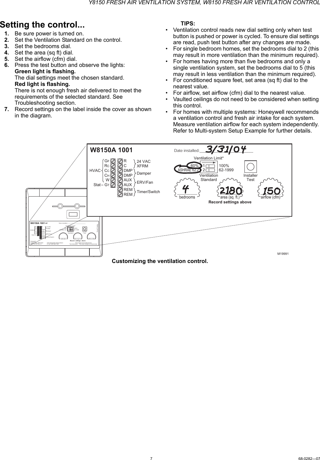 Honeywell W8150 Users Manual 68 0282_D. Y8150 Fresh Air Ventilation