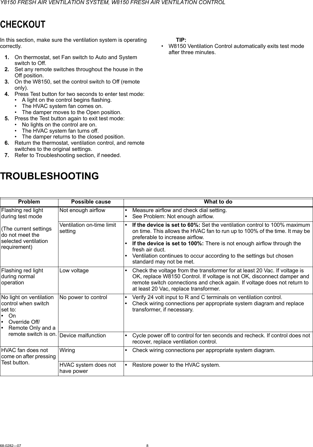 Page 8 of 12 - Honeywell Honeywell-W8150-Users-Manual- 68-0282_D. Y8150 Fresh Air Ventilation System,W8150 Control  Honeywell-w8150-users-manual