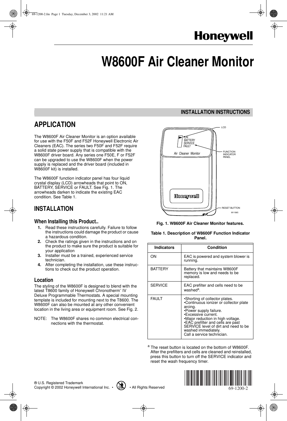 Page 1 of 4 - Honeywell Honeywell-W8600F-Users-Manual- 69-1200-2  Honeywell-w8600f-users-manual