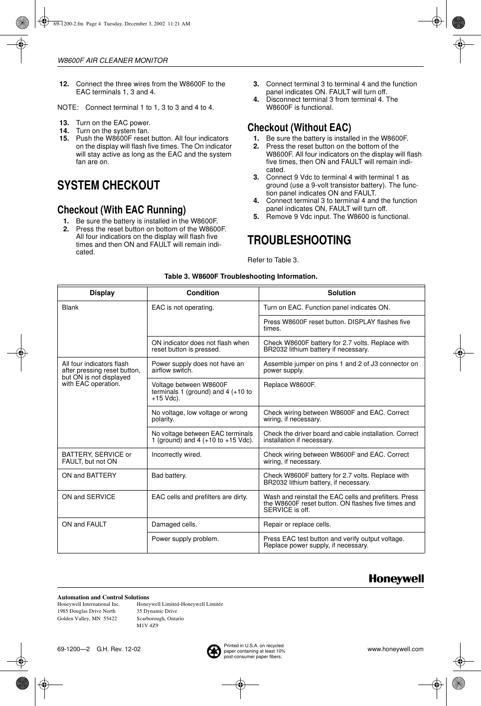 Page 4 of 4 - Honeywell Honeywell-W8600F-Users-Manual- 69-1200-2  Honeywell-w8600f-users-manual