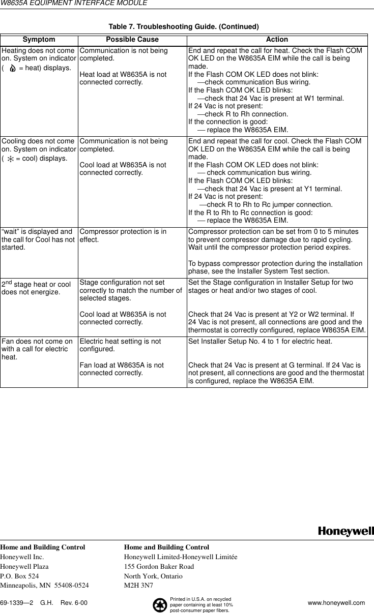 Page 6 of 6 - Honeywell Honeywell-W8635A-Users-Manual- 69-1339 - W8635A Equipment Interface Module  Honeywell-w8635a-users-manual
