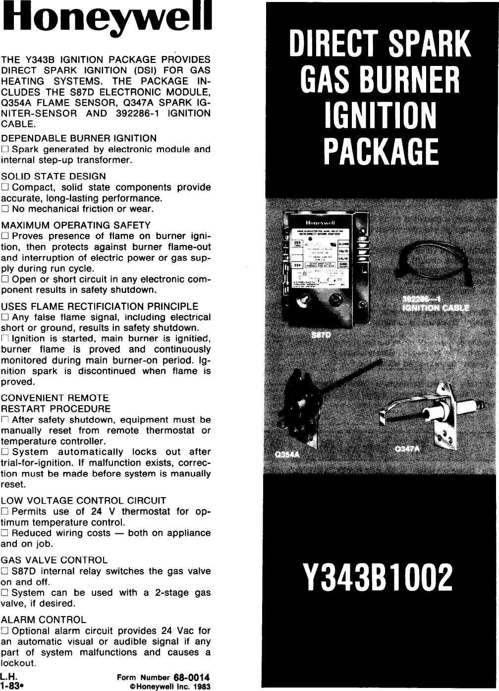 Page 1 of 11 - Honeywell Honeywell-Y343B1002-Users-Manual- 68-0014 - Direct Spark Gas Burner Ignition Package Y343B1002  Honeywell-y343b1002-users-manual