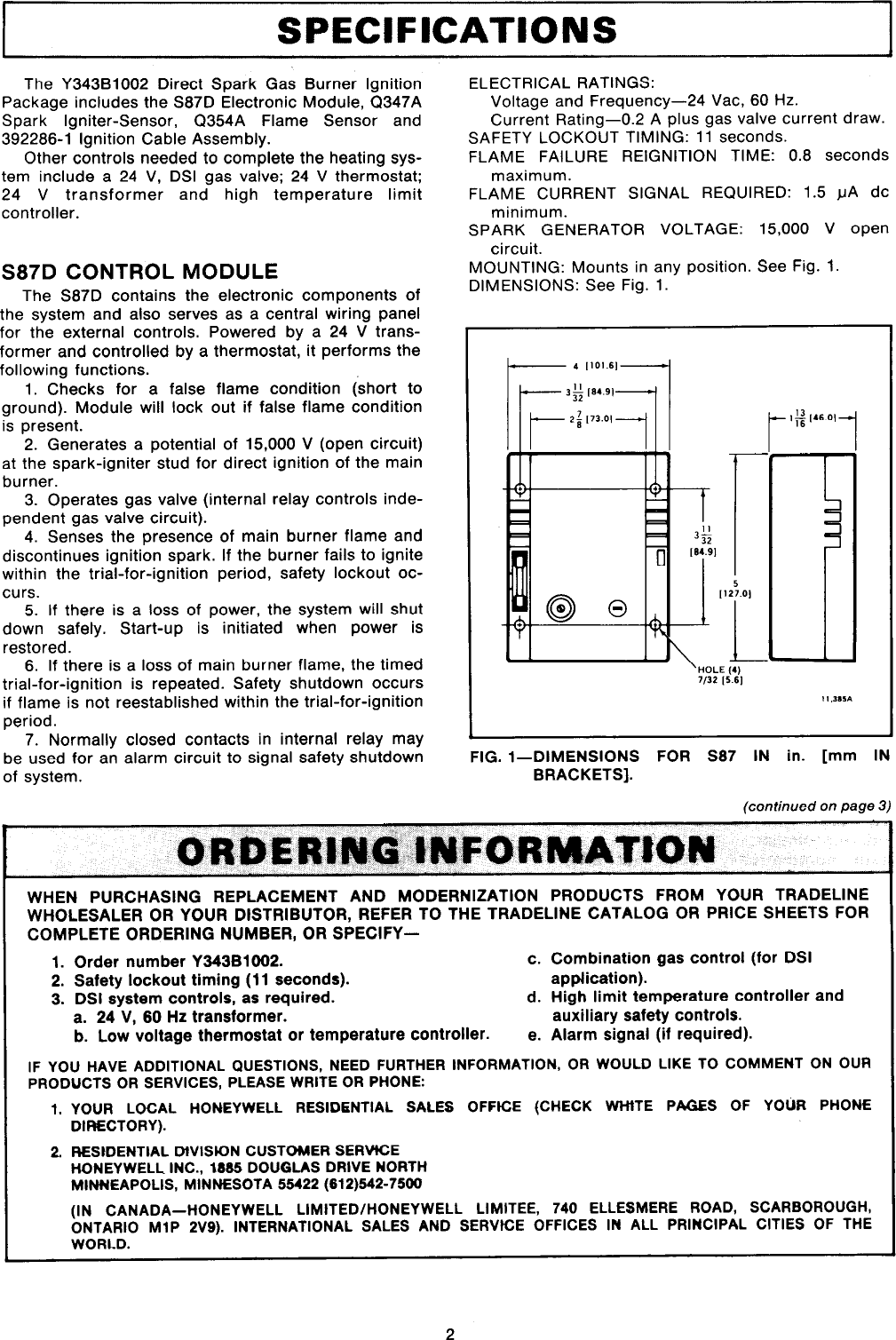 Page 2 of 11 - Honeywell Honeywell-Y343B1002-Users-Manual- 68-0014 - Direct Spark Gas Burner Ignition Package Y343B1002  Honeywell-y343b1002-users-manual
