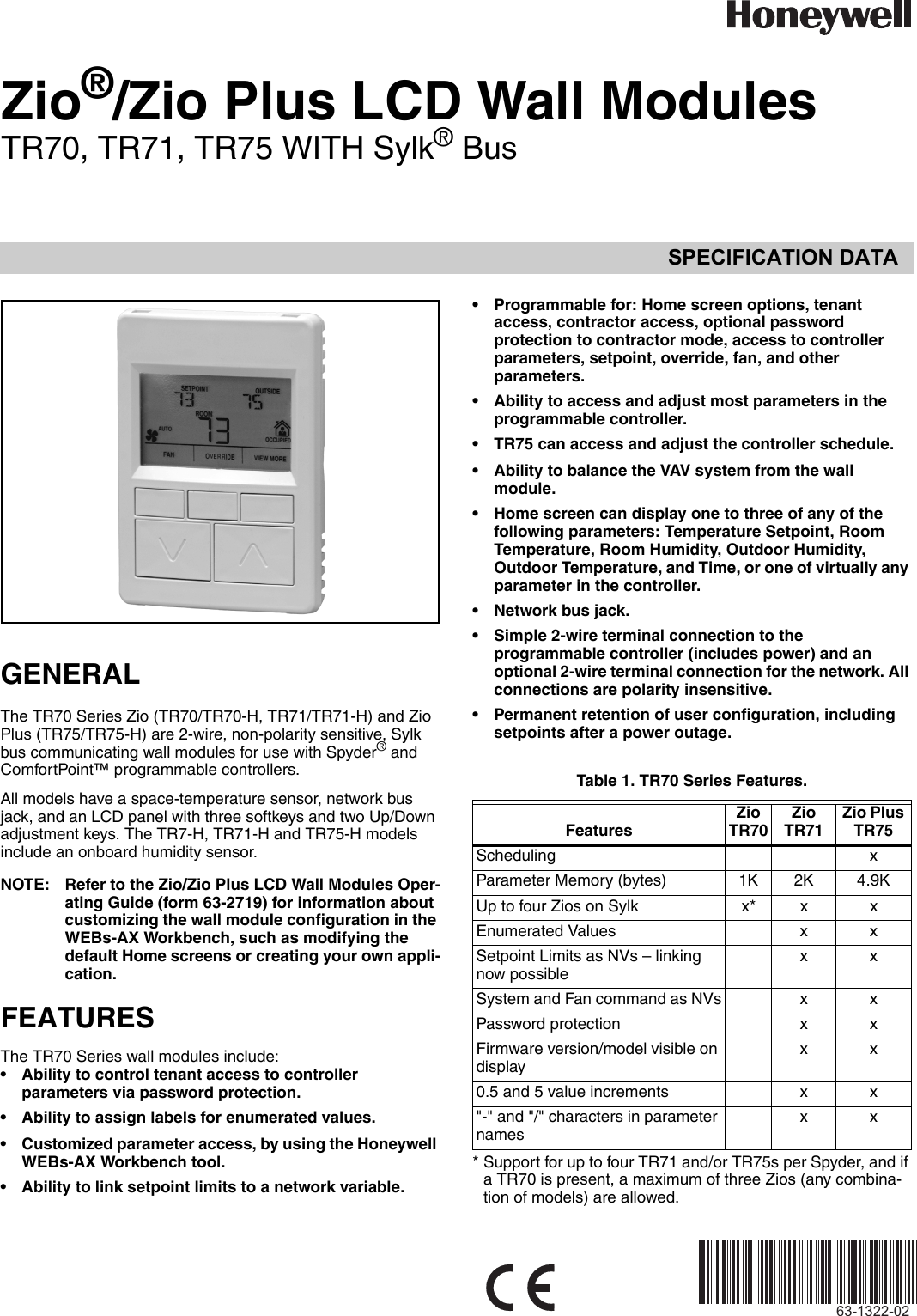 Honeywell Zio Plus Tr70 Users Manual 63 1322—02 Zio®/Zio LCD Wall Modules