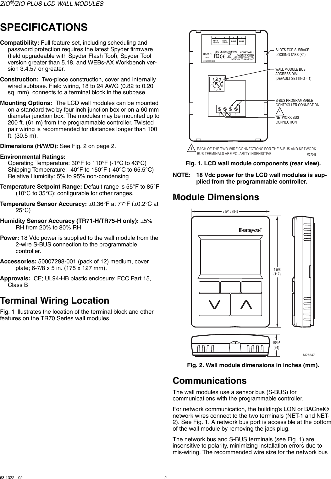Honeywell Zio Plus Tr70 Users Manual 63 1322—02 Zio®/Zio LCD Wall Modules