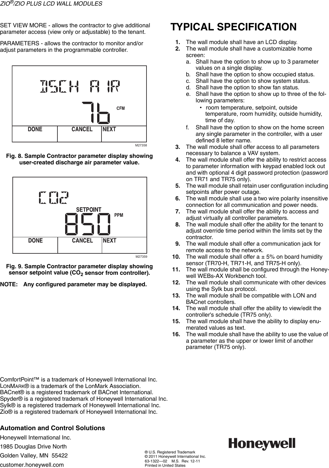 Honeywell Zio Plus Tr70 Users Manual 63 1322—02 Zio®/Zio LCD Wall Modules