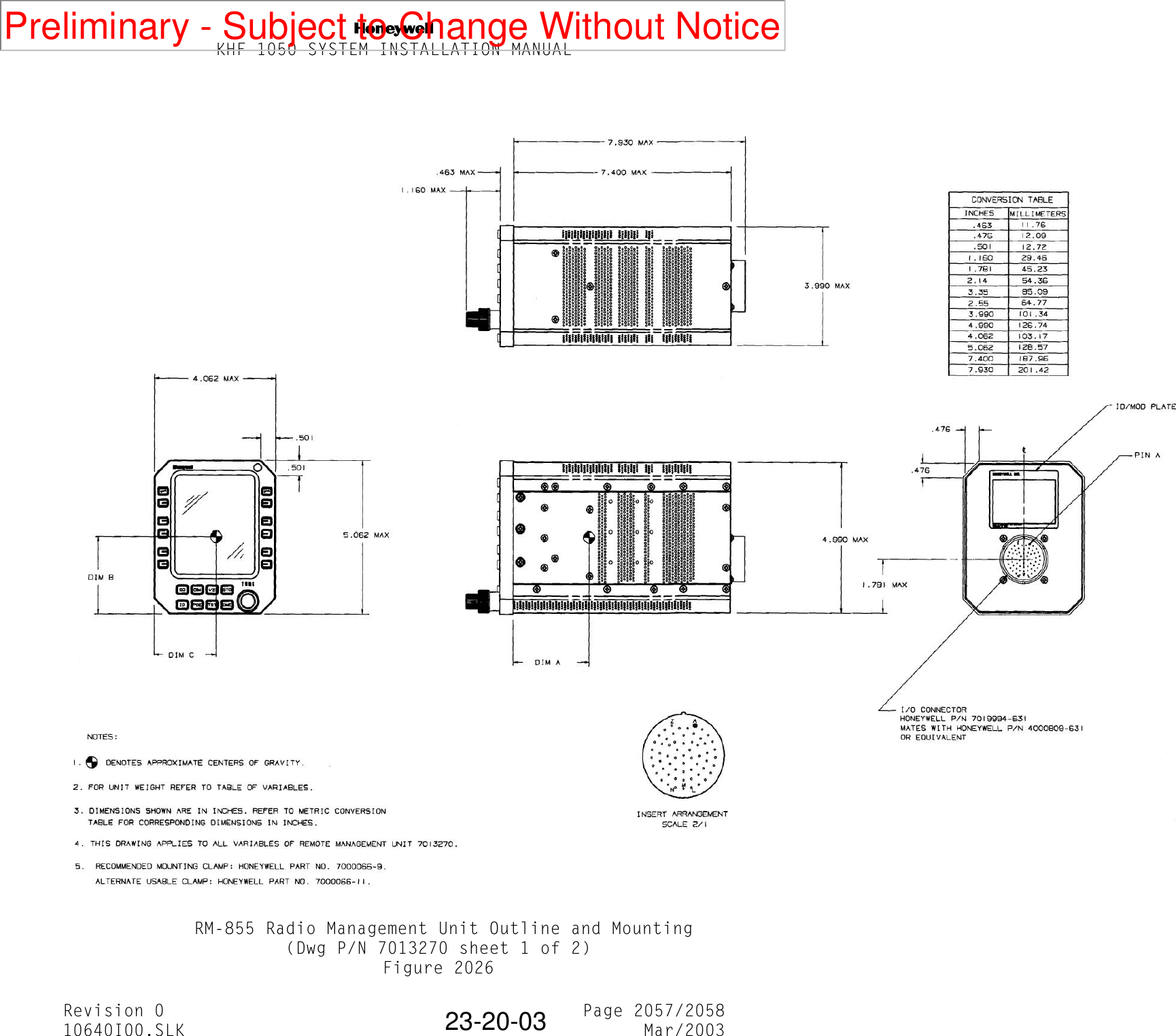NKHF 1050 SYSTEM INSTALLATION MANUALRevision 0 Page 2057/205810640I00.SLK Mar/200323-20-03 RM-855 Radio Management Unit Outline and Mounting(Dwg P/N 7013270 sheet 1 of 2)Figure 2026Preliminary - Subject to Change Without Notice