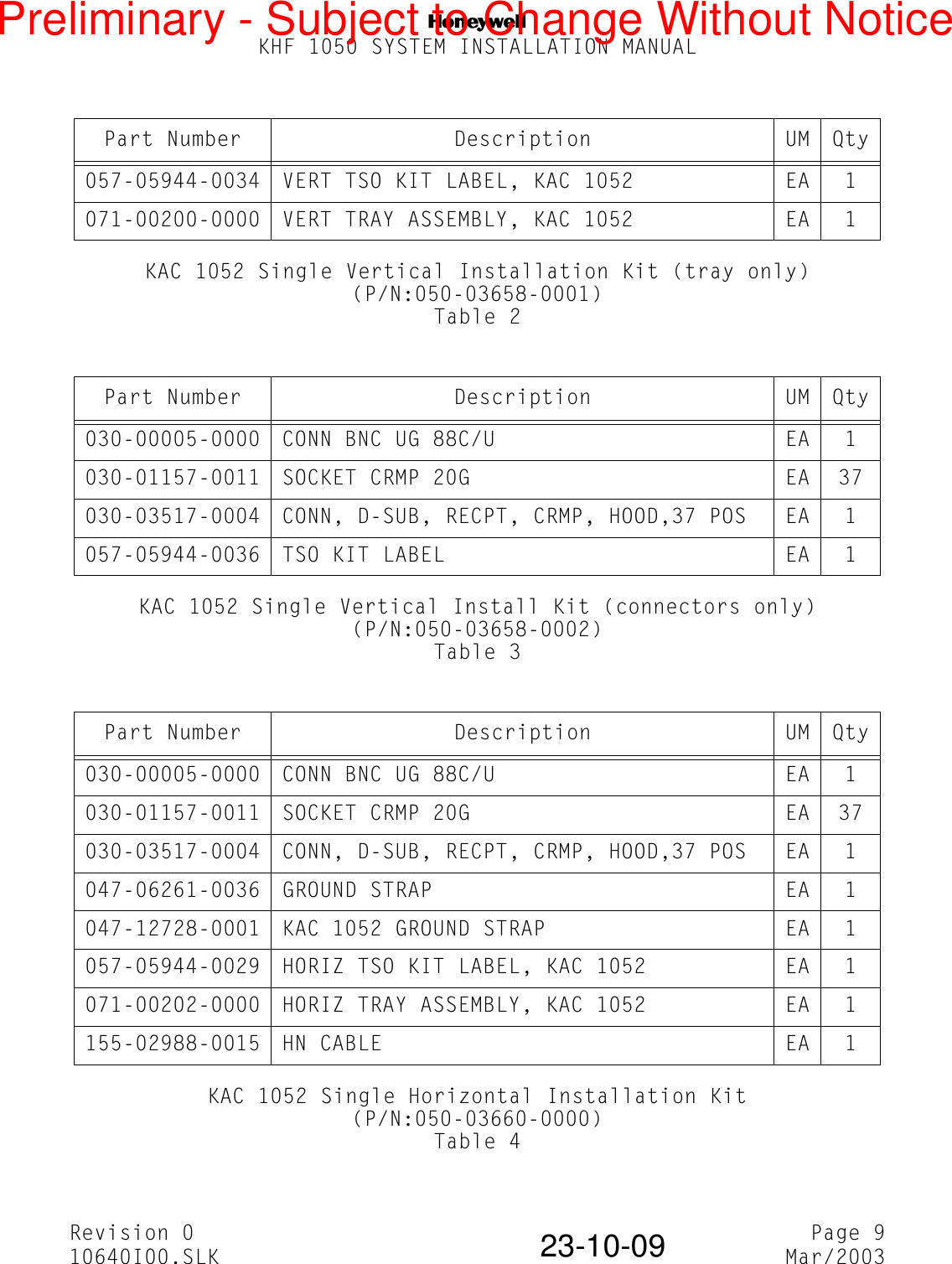 NKHF 1050 SYSTEM INSTALLATION MANUALRevision 0 Page 910640I00.SLK Mar/200323-10-09KAC 1052 Single Vertical Installation Kit (tray only)(P/N:050-03658-0001)Table 2KAC 1052 Single Vertical Install Kit (connectors only)(P/N:050-03658-0002)Table 3KAC 1052 Single Horizontal Installation Kit(P/N:050-03660-0000)Table 4Part Number Description UM Qty057-05944-0034 VERT TSO KIT LABEL, KAC 1052 EA 1071-00200-0000 VERT TRAY ASSEMBLY, KAC 1052 EA 1Part Number Description UM Qty030-00005-0000 CONN BNC UG 88C/U EA 1030-01157-0011 SOCKET CRMP 20G EA 37030-03517-0004 CONN, D-SUB, RECPT, CRMP, HOOD,37 POS EA 1057-05944-0036 TSO KIT LABEL EA 1Part Number Description UM Qty030-00005-0000 CONN BNC UG 88C/U EA 1030-01157-0011 SOCKET CRMP 20G EA 37030-03517-0004 CONN, D-SUB, RECPT, CRMP, HOOD,37 POS EA 1047-06261-0036 GROUND STRAP EA 1047-12728-0001 KAC 1052 GROUND STRAP EA 1057-05944-0029 HORIZ TSO KIT LABEL, KAC 1052 EA 1071-00202-0000 HORIZ TRAY ASSEMBLY, KAC 1052 EA 1155-02988-0015 HN CABLE EA 1Preliminary - Subject to Change Without Notice