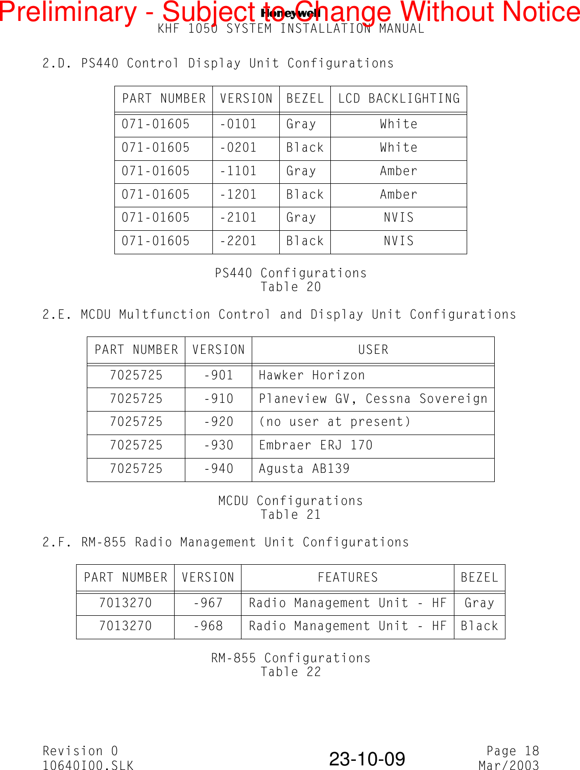 NKHF 1050 SYSTEM INSTALLATION MANUALRevision 0 Page 1810640I00.SLK Mar/200323-10-092.D. PS440 Control Display Unit ConfigurationsPS440 ConfigurationsTable 202.E. MCDU Multfunction Control and Display Unit ConfigurationsMCDU ConfigurationsTable 212.F. RM-855 Radio Management Unit ConfigurationsRM-855 ConfigurationsTable 22PART NUMBER VERSION BEZEL LCD BACKLIGHTING071-01605 -0101 Gray White071-01605 -0201 Black White071-01605 -1101 Gray Amber071-01605 -1201 Black Amber071-01605 -2101 Gray NVIS071-01605 -2201 Black NVISPART NUMBER VERSION USER7025725 -901 Hawker Horizon7025725 -910 Planeview GV, Cessna Sovereign7025725 -920 (no user at present)7025725 -930 Embraer ERJ 1707025725 -940 Agusta AB139PART NUMBER VERSION FEATURES BEZEL7013270 -967 Radio Management Unit - HF Gray7013270 -968 Radio Management Unit - HF BlackPreliminary - Subject to Change Without Notice