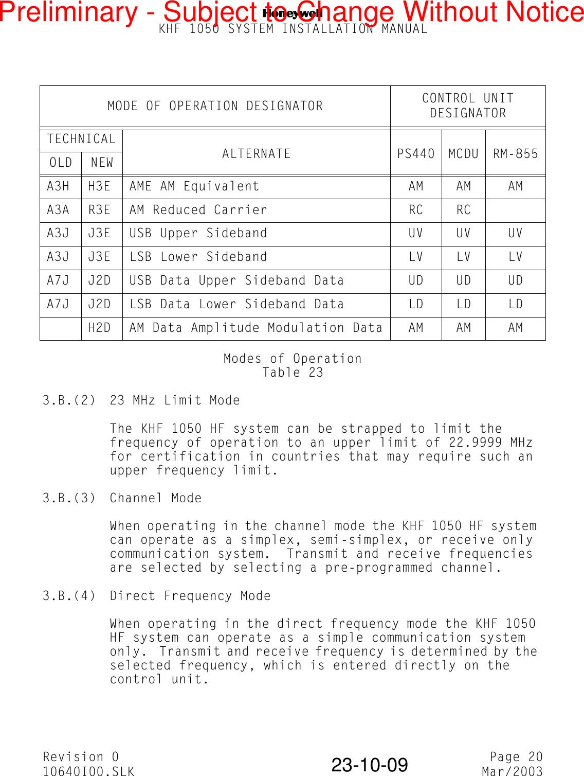 NKHF 1050 SYSTEM INSTALLATION MANUALRevision 0 Page 2010640I00.SLK Mar/200323-10-09Modes of OperationTable 233.B.(2) 23 MHz Limit ModeThe KHF 1050 HF system can be strapped to limit the frequency of operation to an upper limit of 22.9999 MHz for certification in countries that may require such an upper frequency limit.3.B.(3) Channel ModeWhen operating in the channel mode the KHF 1050 HF system can operate as a simplex, semi-simplex, or receive only communication system.  Transmit and receive frequencies are selected by selecting a pre-programmed channel.3.B.(4) Direct Frequency ModeWhen operating in the direct frequency mode the KHF 1050 HF system can operate as a simple communication system only.  Transmit and receive frequency is determined by the selected frequency, which is entered directly on the control unit.MODE OF OPERATION DESIGNATOR CONTROL UNIT DESIGNATORTECHNICALALTERNATE PS440 MCDU RM-855OLD NEWA3H H3E AME AM Equivalent AM AM AMA3A R3E AM Reduced Carrier RC RCA3J J3E USB Upper Sideband UV UV UVA3J J3E LSB Lower Sideband LV LV LVA7J J2D USB Data Upper Sideband Data UD UD UDA7J J2D LSB Data Lower Sideband Data LD LD LDH2D AM Data Amplitude Modulation Data AM AM AMPreliminary - Subject to Change Without Notice