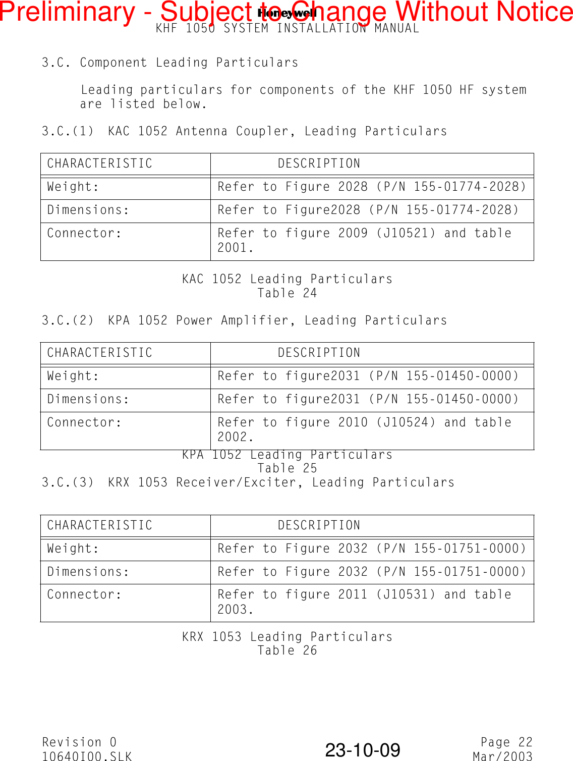 NKHF 1050 SYSTEM INSTALLATION MANUALRevision 0 Page 2210640I00.SLK Mar/200323-10-093.C. Component Leading ParticularsLeading particulars for components of the KHF 1050 HF system are listed below.3.C.(1) KAC 1052 Antenna Coupler, Leading ParticularsKAC 1052 Leading ParticularsTable 243.C.(2) KPA 1052 Power Amplifier, Leading ParticularsKPA 1052 Leading ParticularsTable 253.C.(3) KRX 1053 Receiver/Exciter, Leading ParticularsKRX 1053 Leading ParticularsTable 26CHARACTERISTIC         DESCRIPTIONWeight: Refer to Figure 2028 (P/N 155-01774-2028)Dimensions: Refer to Figure2028 (P/N 155-01774-2028)Connector: Refer to figure 2009 (J10521) and table 2001.CHARACTERISTIC         DESCRIPTIONWeight: Refer to figure2031 (P/N 155-01450-0000) Dimensions: Refer to figure2031 (P/N 155-01450-0000) Connector: Refer to figure 2010 (J10524) and table 2002.CHARACTERISTIC         DESCRIPTIONWeight: Refer to Figure 2032 (P/N 155-01751-0000)Dimensions: Refer to Figure 2032 (P/N 155-01751-0000)Connector: Refer to figure 2011 (J10531) and table 2003.Preliminary - Subject to Change Without Notice