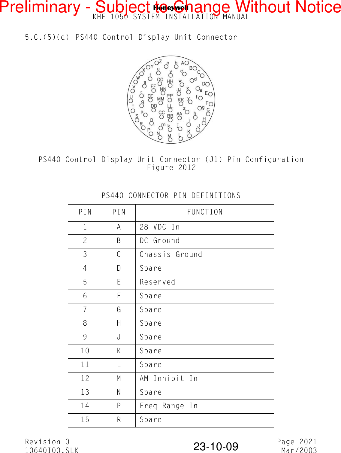 NKHF 1050 SYSTEM INSTALLATION MANUALRevision 0 Page 202110640I00.SLK Mar/200323-10-095.C.(5)(d) PS440 Control Display Unit ConnectorPS440 Control Display Unit Connector (J1) Pin ConfigurationFigure 2012PS440 CONNECTOR PIN DEFINITIONSPIN PIN FUNCTION1 A 28 VDC In2 B DC Ground3 C Chassis Ground4 D Spare5 E Reserved6 F Spare7 G Spare8 H Spare9 J Spare10 K Spare11 L Spare12 M AM Inhibit In13 N Spare14 P Freq Range In15 R SparePreliminary - Subject to Change Without Notice