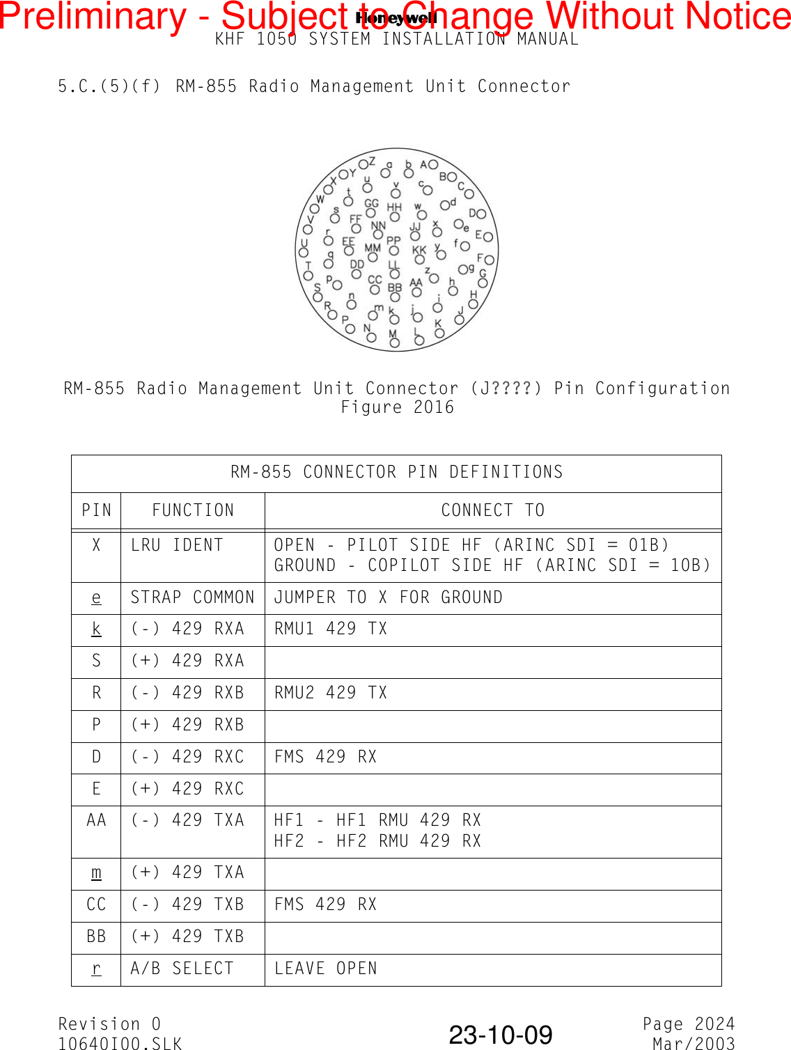 NKHF 1050 SYSTEM INSTALLATION MANUALRevision 0 Page 202410640I00.SLK Mar/200323-10-095.C.(5)(f) RM-855 Radio Management Unit ConnectorRM-855 Radio Management Unit Connector (J????) Pin ConfigurationFigure 2016RM-855 CONNECTOR PIN DEFINITIONSPIN FUNCTION CONNECT TOX LRU IDENT OPEN - PILOT SIDE HF (ARINC SDI = 01B)GROUND - COPILOT SIDE HF (ARINC SDI = 10B)eSTRAP COMMON JUMPER TO X FOR GROUNDk(-) 429 RXA RMU1 429 TXS (+) 429 RXAR (-) 429 RXB RMU2 429 TXP (+) 429 RXBD (-) 429 RXC FMS 429 RXE (+) 429 RXCAA (-) 429 TXA HF1 - HF1 RMU 429 RXHF2 - HF2 RMU 429 RXm(+) 429 TXACC (-) 429 TXB FMS 429 RXBB (+) 429 TXBrA/B SELECT LEAVE OPENPreliminary - Subject to Change Without Notice