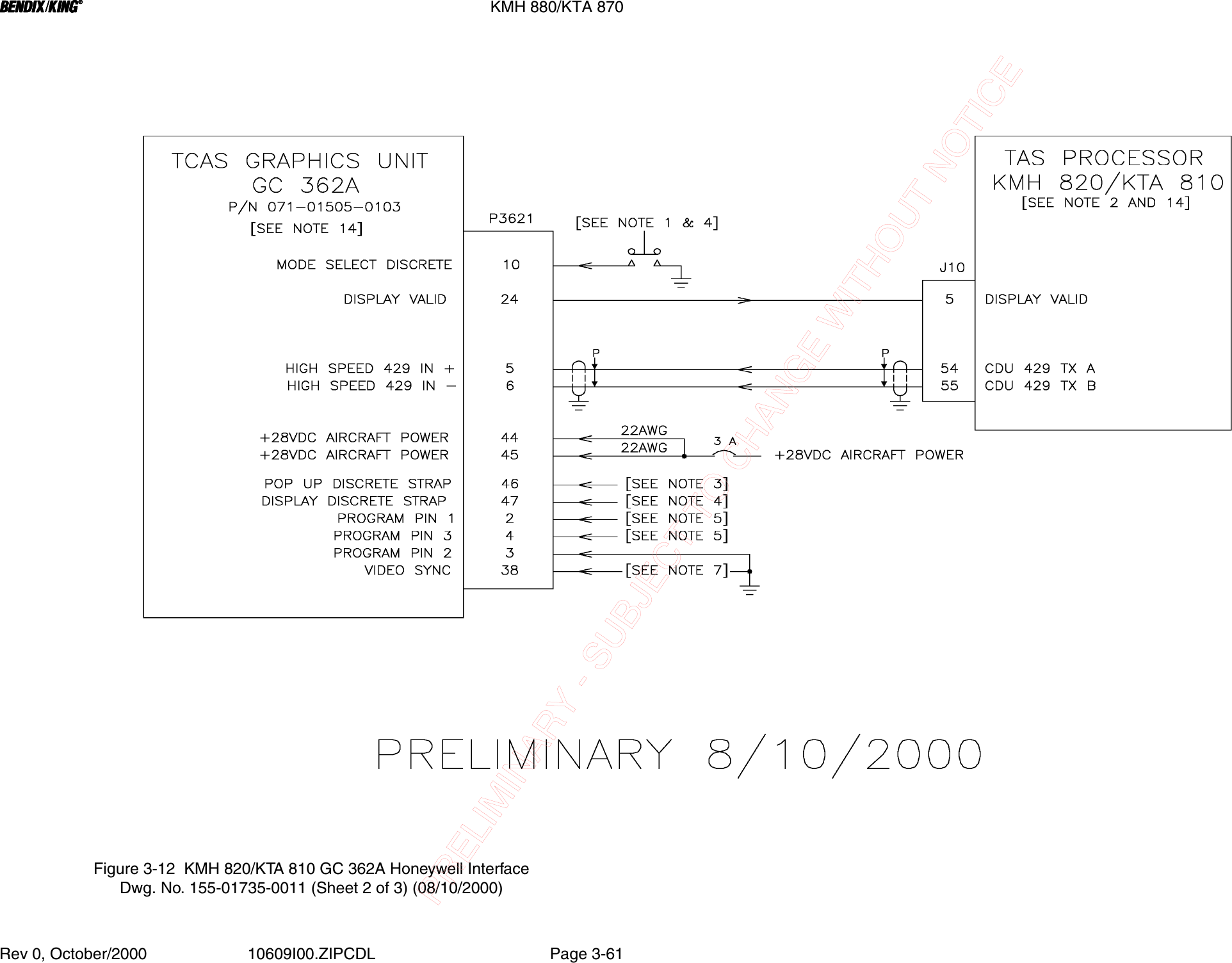 BBBBKMH 880/KTA 870Rev 0, October/2000 10609I00.ZIPCDL Page 3-61Figure 3-12  KMH 820/KTA 810 GC 362A Honeywell InterfaceDwg. No. 155-01735-0011 (Sheet 2 of 3) (08/10/2000)PRELIMINARY - SUBJECT TO CHANGE WITHOUT NOTICE