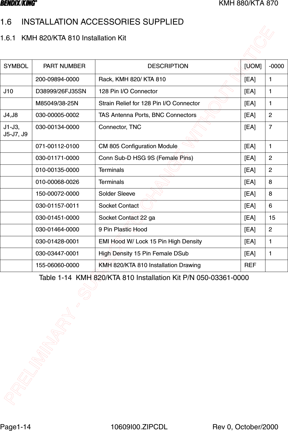 PRELIMINARY - SUBJECT TO CHANGE WITHOUT NOTICEBBBBKMH 880/KTA 870Page1-14 10609I00.ZIPCDL Rev 0, October/20001.6 INSTALLATION ACCESSORIES SUPPLIED1.6.1 KMH 820/KTA 810 Installation Kit  SYMBOL  PART NUMBER DESCRIPTION [UOM] -0000200-09894-0000 Rack, KMH 820/ KTA 810 [EA] 1J10 D38999/26FJ35SN 128 Pin I/O Connector [EA] 1M85049/38-25N Strain Relief for 128 Pin I/O Connector [EA] 1J4,J8  030-00005-0002 TAS Antenna Ports, BNC Connectors   [EA] 2J1-J3, J5-J7, J9030-00134-0000 Connector, TNC             [EA] 7071-00112-0100 CM 805 Configuration Module [EA] 1  030-01171-0000 Conn Sub-D HSG 9S (Female Pins) [EA] 2010-00135-0000 Terminals [EA] 2010-00068-0026 Terminals [EA] 8150-00072-0000 Solder Sleeve [EA] 8030-01157-0011 Socket Contact [EA] 6030-01451-0000 Socket Contact 22 ga [EA] 15030-01464-0000 9 Pin Plastic Hood [EA] 2030-01428-0001 EMI Hood W/ Lock 15 Pin High Density [EA] 1030-03447-0001 High Density 15 Pin Female DSub [EA] 1155-06060-0000 KMH 820/KTA 810 Installation Drawing REFTable 1-14  KMH 820/KTA 810 Installation Kit P/N 050-03361-0000